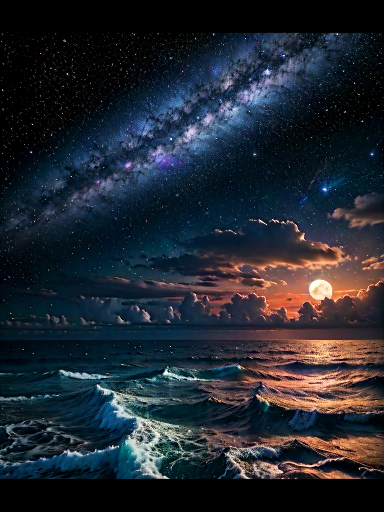 a breathtaking night landscape, serene ocean, dramatic sky with a large full moon, stars and galaxies in the distance, (best quality,4k,8k,highres,masterpiece:1.2),ultra-detailed,(realistic,photorealistic,photo-realistic:1.37),cinematic lighting,dramatic atmosphere,stunning colors,detailed ocean waves,moody clouds,glowing moon,twinkling stars,deep space background,distant galaxies