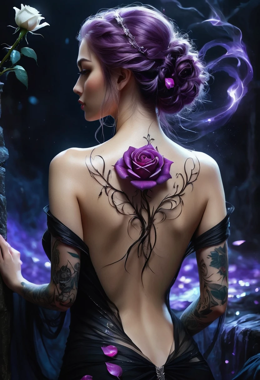 Arafed, Dark fantasy art, fantasy art, goth art, a picture of a tattoo on the back of a female elf, a glowing tattoo of a ((white rose: 1.3)) on the elf's back, the ((rose tattoo)) is vivid, intricate detailed coming to life from the ink to real life, GlowingRunesAI_purple, ((fire surrounds the rose petals: 1.5)), shoot taken from the back, ((the back is visible: 1.3), she wears a transparent black dress, the dress is elegant, flowing, elven style, that the tattoos glow, dynamic hair color, dynamic hair style, faize,, Digital Painting