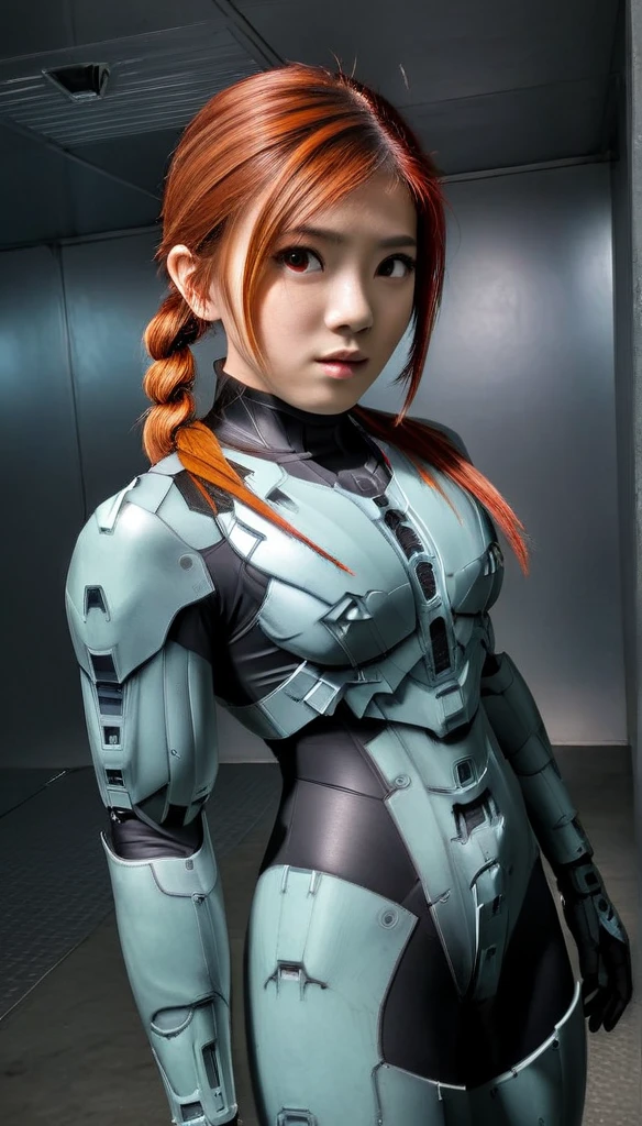 1 Girl、glowing eyes, red eyes, Medium Bust、solo、red Hair、Braid、Mobile Race Suit、Shoulder Armor、ceiling、Wide Shot、Looking Ahead、zipup suit 、Closed Mouth、Highest quality、medium quality、22 years old、Mobile Trace System、cockpit、Asian、CyborgCosplay

