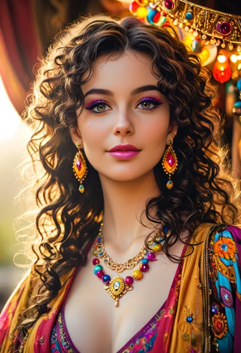 beautiful stunning woman adorned in ornate, colorful jewelry and clothing that appears to be inspired by"gypsy" style. she has l...