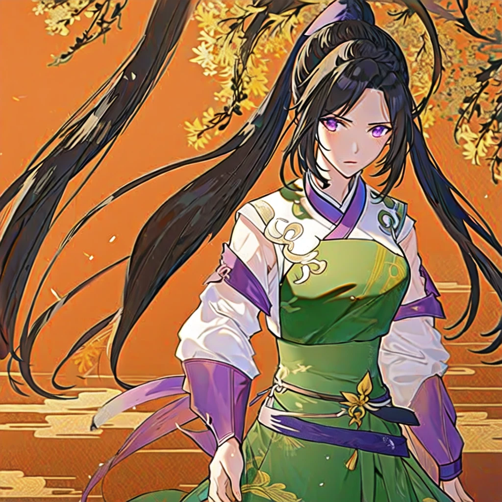 ( Best Quality, ancient china, A girl, long green chinese dress), long hair tied in two tomatoes, black hair, purple eyes, with a white ribbon on her head
