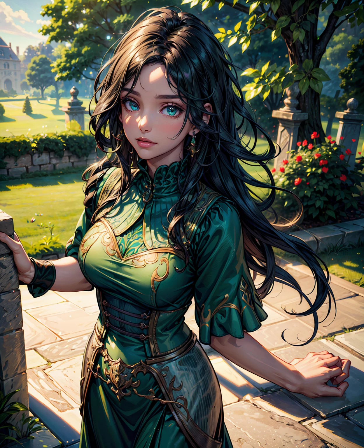 A beautiful young woman with long curly brown hair, stunning green eyes, full lips, and delicate facial features, wearing a flowing medieval-style maid's dress, standing in a lush, verdant medieval fantasy garden setting with towering stone walls, ornate fountains, and a cloudy, atmospheric sky overhead, masterfully rendered in a highly detailed, photorealistic style with vivid colors, dramatic lighting and deep depth of field, (best quality,4k,8k,highres,masterpiece:1.2),ultra-detailed,(realistic,photorealistic,photo-realistic:1.37),1girl,medieval maid,fantasy medieval garden,intricate dress,beautiful detailed eyes,beautiful detailed lips,extremely detailed eyes and face,longeyelashes,ornate stone walls,dramatic lighting,vivid colors,deep depth of field,cinematic composition