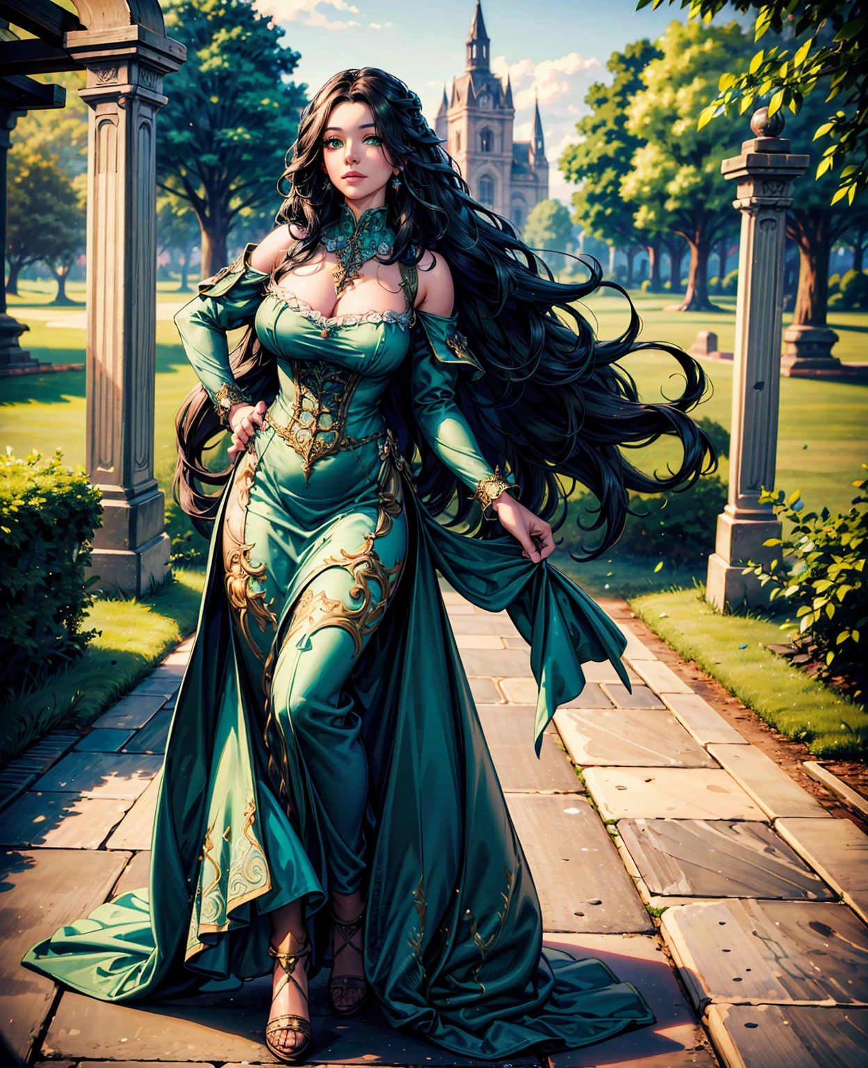 A beautiful young woman with long curly brown hair, stunning green eyes, full lips, and delicate facial features, wearing a flowing medieval-style maid's dress, standing in a lush, verdant medieval fantasy garden setting with towering stone walls, ornate fountains, and a cloudy, atmospheric sky overhead, masterfully rendered in a highly detailed, photorealistic style with vivid colors, dramatic lighting and deep depth of field, (best quality,4k,8k,highres,masterpiece:1.2),ultra-detailed,(realistic,photorealistic,photo-realistic:1.37),1girl,medieval maid,fantasy medieval garden,intricate dress,beautiful detailed eyes,beautiful detailed lips,extremely detailed eyes and face,longeyelashes,ornate stone walls,dramatic lighting,vivid colors,deep depth of field,cinematic composition