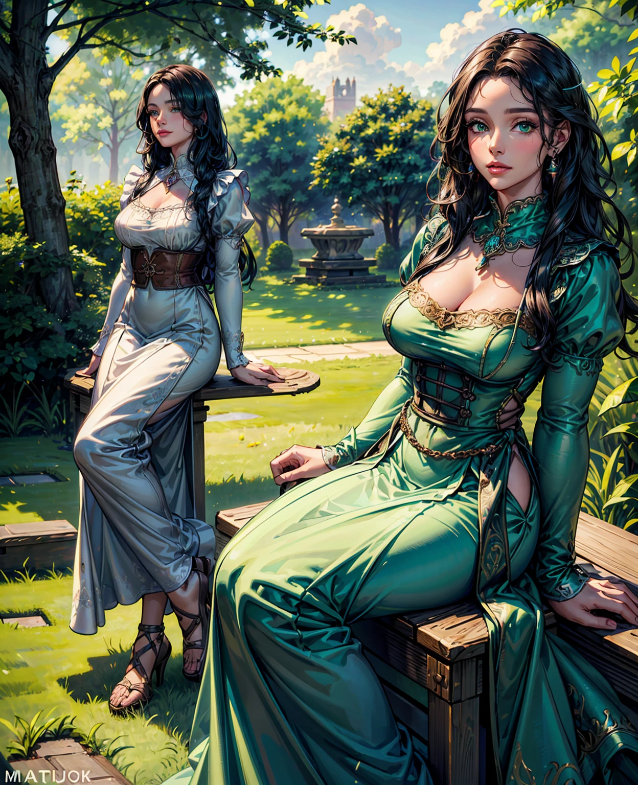 A beautiful young woman with long curly brown hair, stunning green eyes, full lips, and delicate facial features, wearing a flowing medieval-style maid's dress, standing in a lush, verdant medieval fantasy garden setting with towering stone walls, ornate fountains, and a cloudy, atmospheric sky overhead, masterfully rendered in a highly detailed, photorealistic style with vivid colors, dramatic lighting and deep depth of field, (best quality,4k,8k,highres,masterpiece:1.2),ultra-detailed,(realistic,photorealistic,photo-realistic:1.37),1girl,medieval maid,fantasy medieval garden,intricate dress,beautiful detailed eyes,beautiful detailed lips,extremely detailed eyes and face,longeyelashes,ornate stone walls,dramatic lighting,vivid colors,deep depth of field,cinematic composition