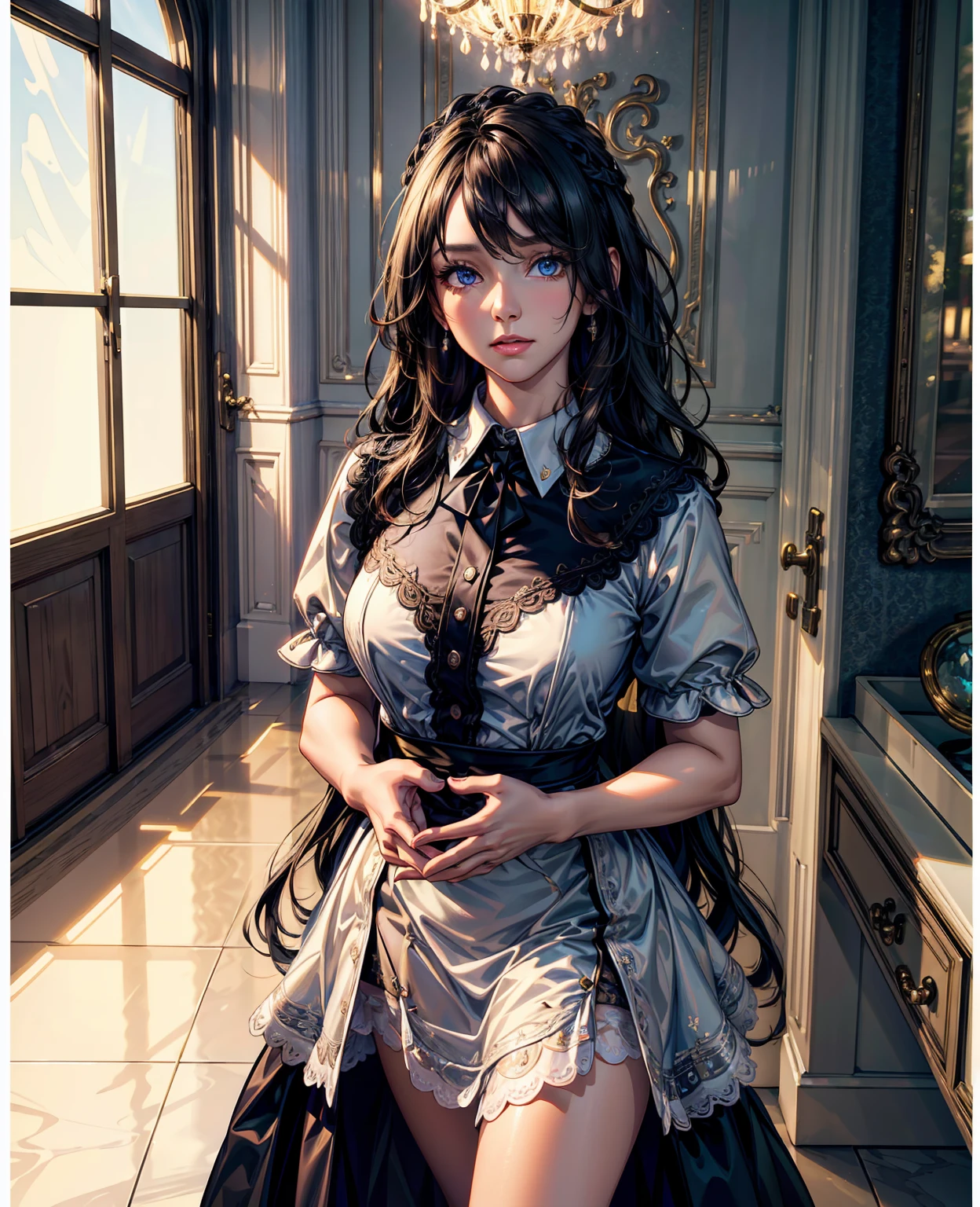 a beautiful young woman with intricate detailed eyes, delicate facial features, and flowing hair, wearing a maid's uniform, standing in a richly decorated mansion interior, warm lighting, photorealistic, (best quality,4k,8k,highres,masterpiece:1.2),ultra-detailed,(realistic,photorealistic,photo-realistic:1.37),cinematic lighting,highly detailed background,ornate decorations,dramatic shadows