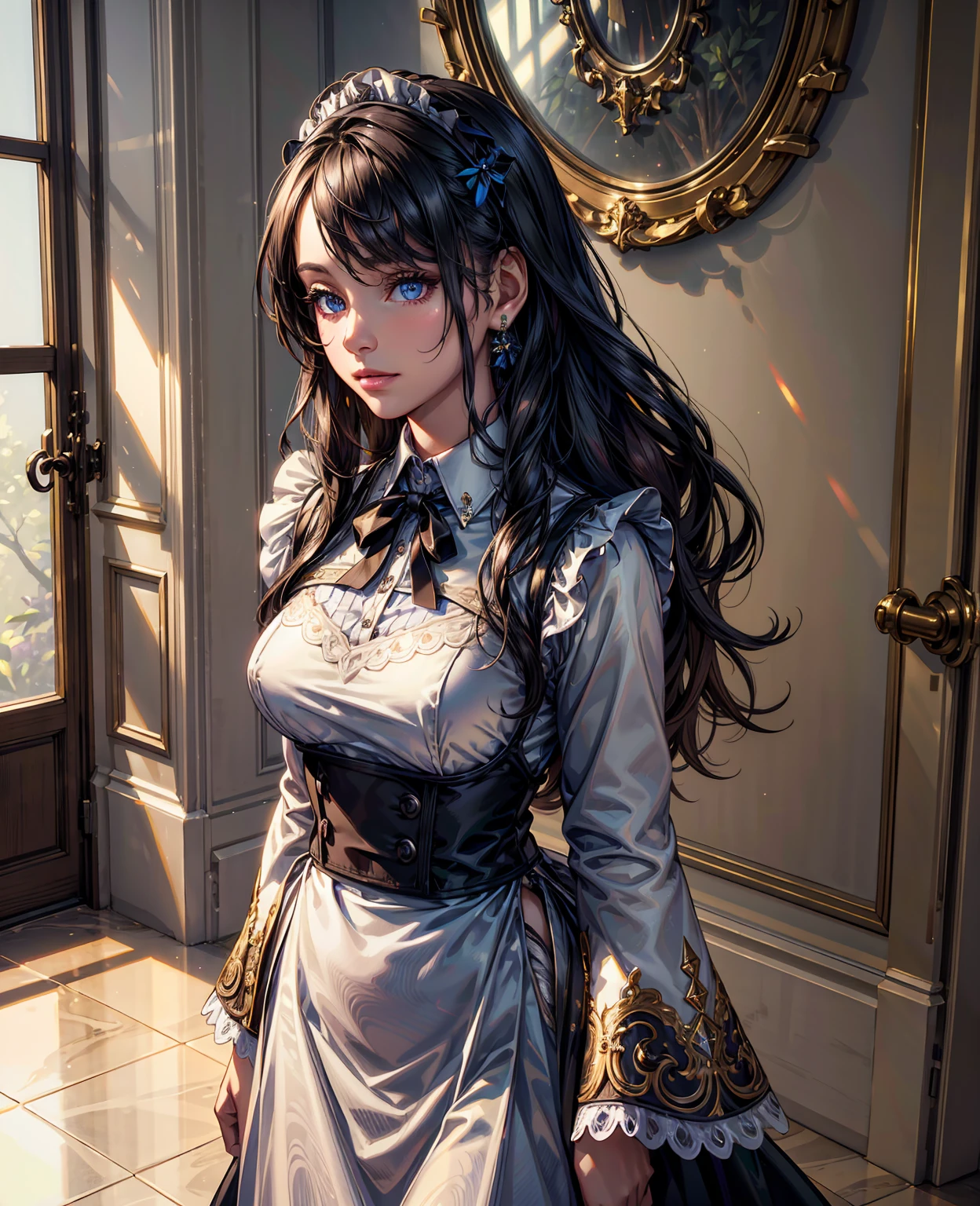 a beautiful young woman with intricate detailed eyes, delicate facial features, and flowing hair, wearing a maid's uniform, standing in a richly decorated mansion interior, warm lighting, photorealistic, (best quality,4k,8k,highres,masterpiece:1.2),ultra-detailed,(realistic,photorealistic,photo-realistic:1.37),cinematic lighting,highly detailed background,ornate decorations,dramatic shadows