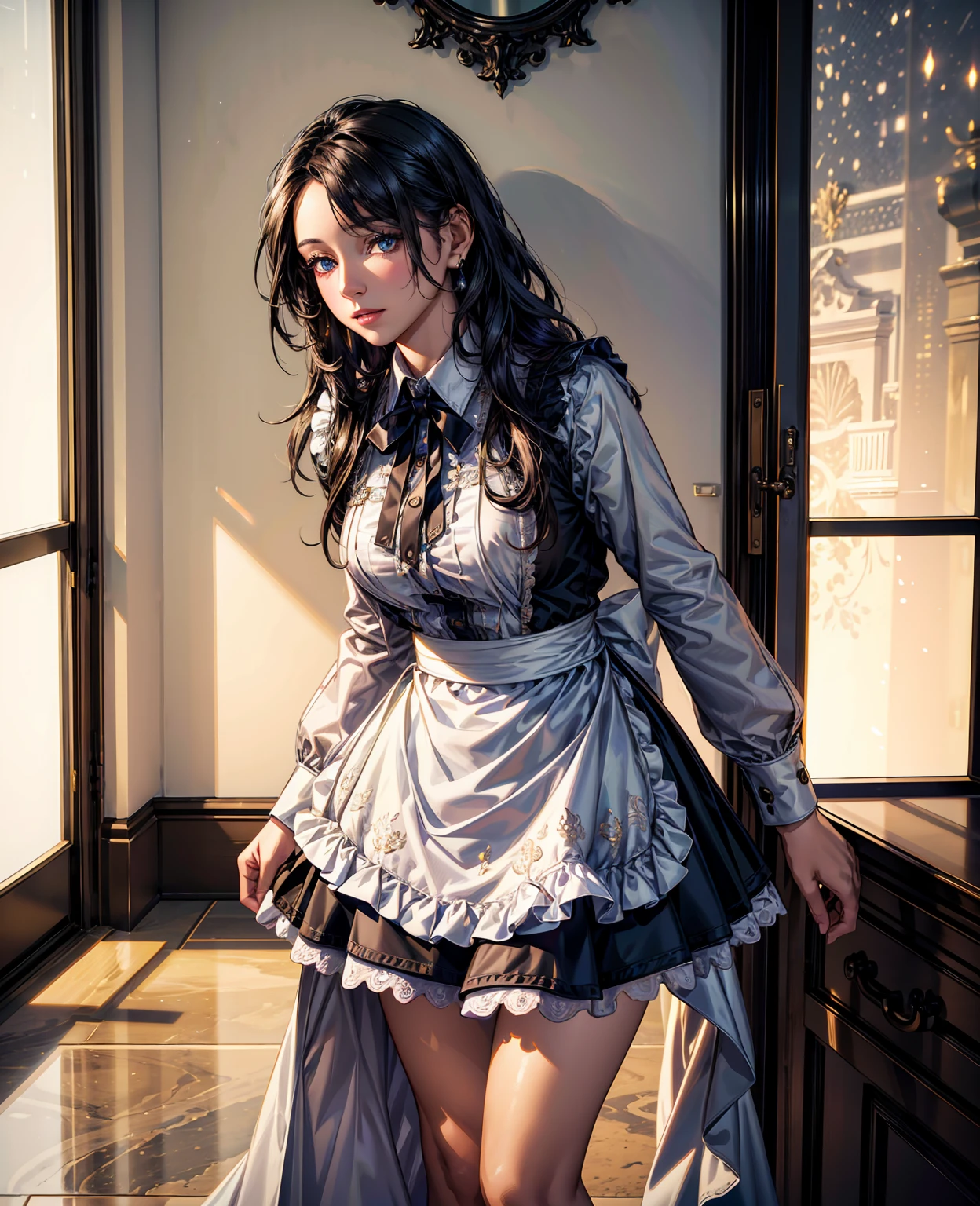 a beautiful young woman with intricate detailed eyes, delicate facial features, and flowing hair, wearing a maid's uniform, standing in a richly decorated mansion interior, warm lighting, photorealistic, (best quality,4k,8k,highres,masterpiece:1.2),ultra-detailed,(realistic,photorealistic,photo-realistic:1.37),cinematic lighting,highly detailed background,ornate decorations,dramatic shadows