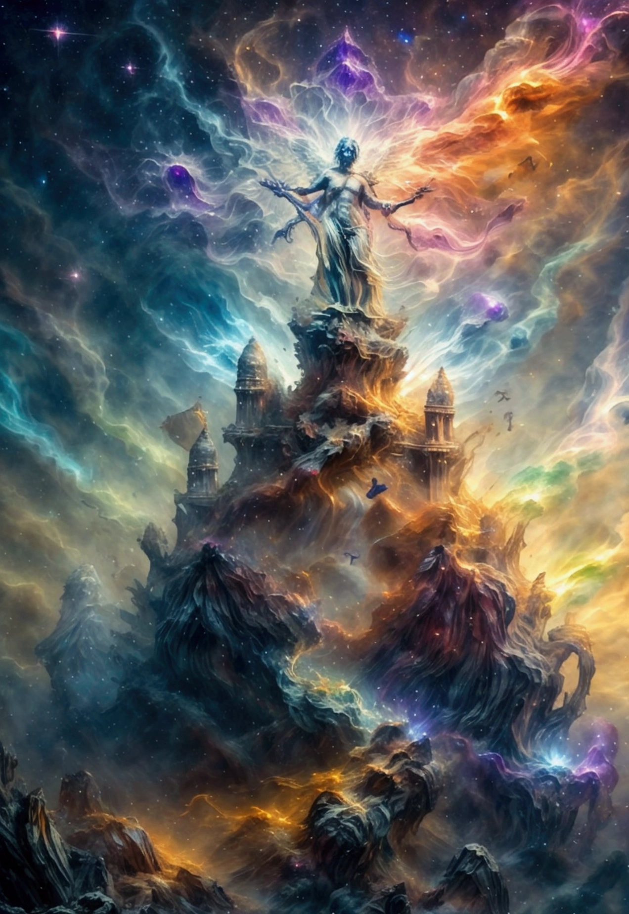 (best qualityer, ​masterpiece) Mystical man reigning in the middle of the universe, royaltly, Infinity of servants around your castle, corpo astral, deep meditation, Etheric atmosphere, Auric, mythological creatures in the background, star fog, bioluminescence