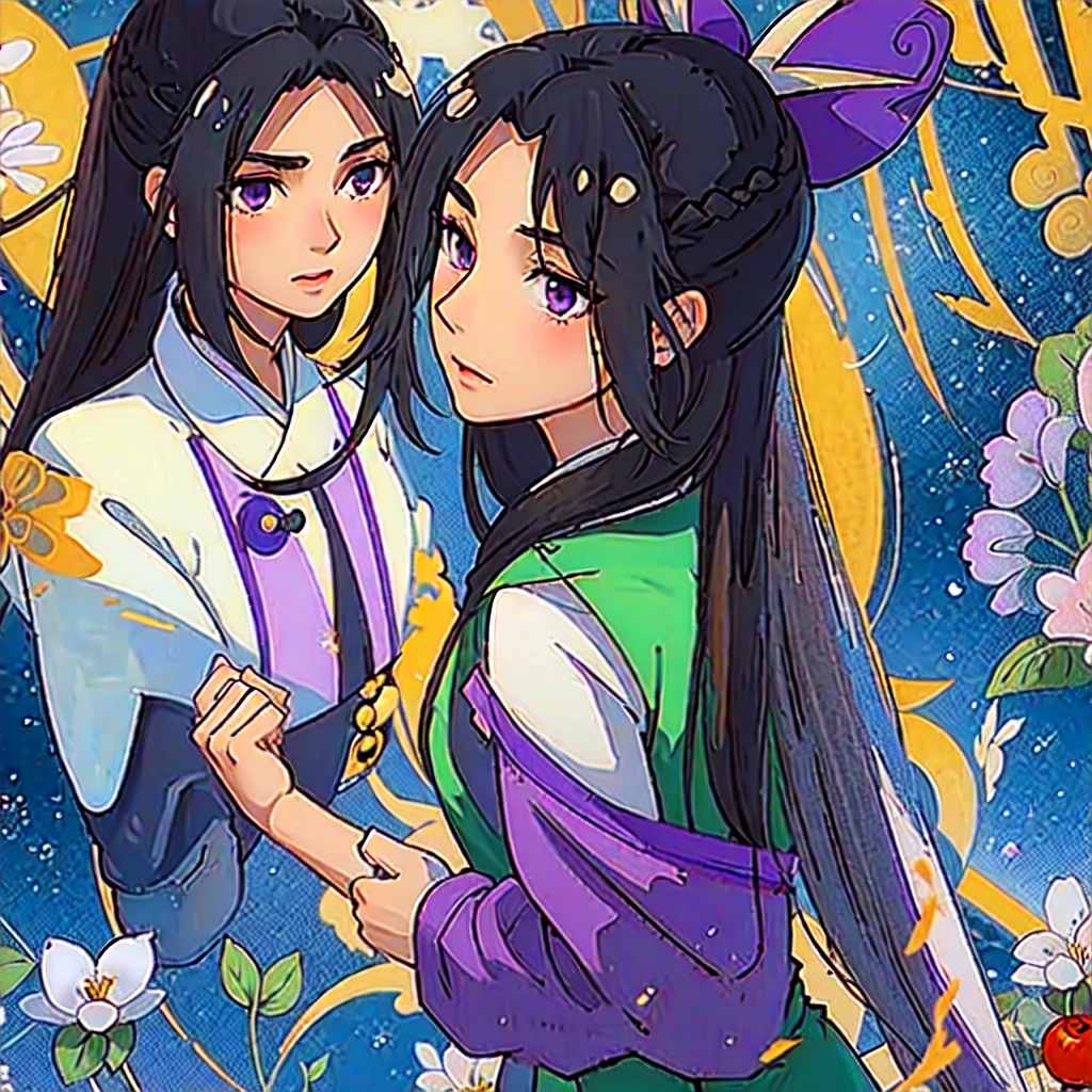 ( Best Quality, ancient china, A girl, long green chinese dress), long hair tied in two tomatoes, black hair, purple eyes, with a white ribbon on her head
