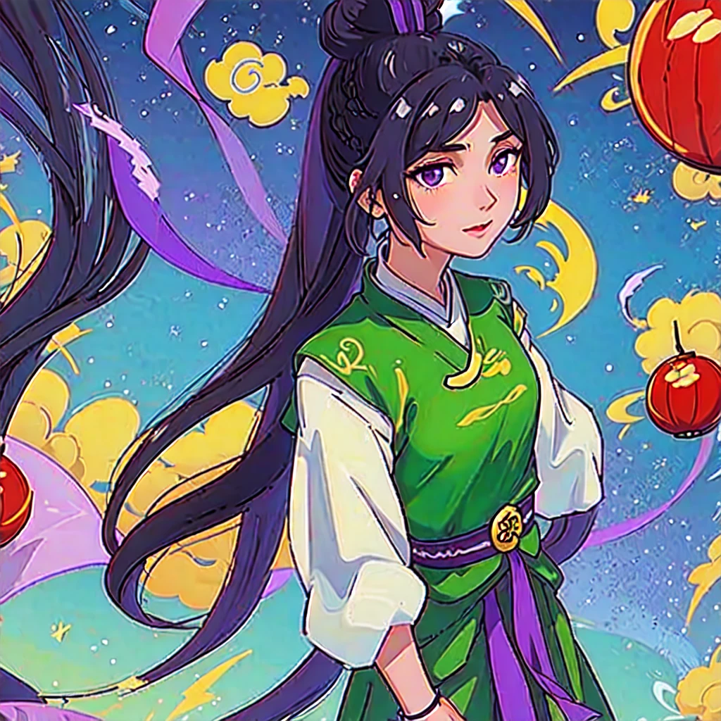 ( Best Quality, ancient china, A girl, long green chinese dress), long hair tied in two tomatoes, black hair, purple eyes, with a white ribbon on her head
