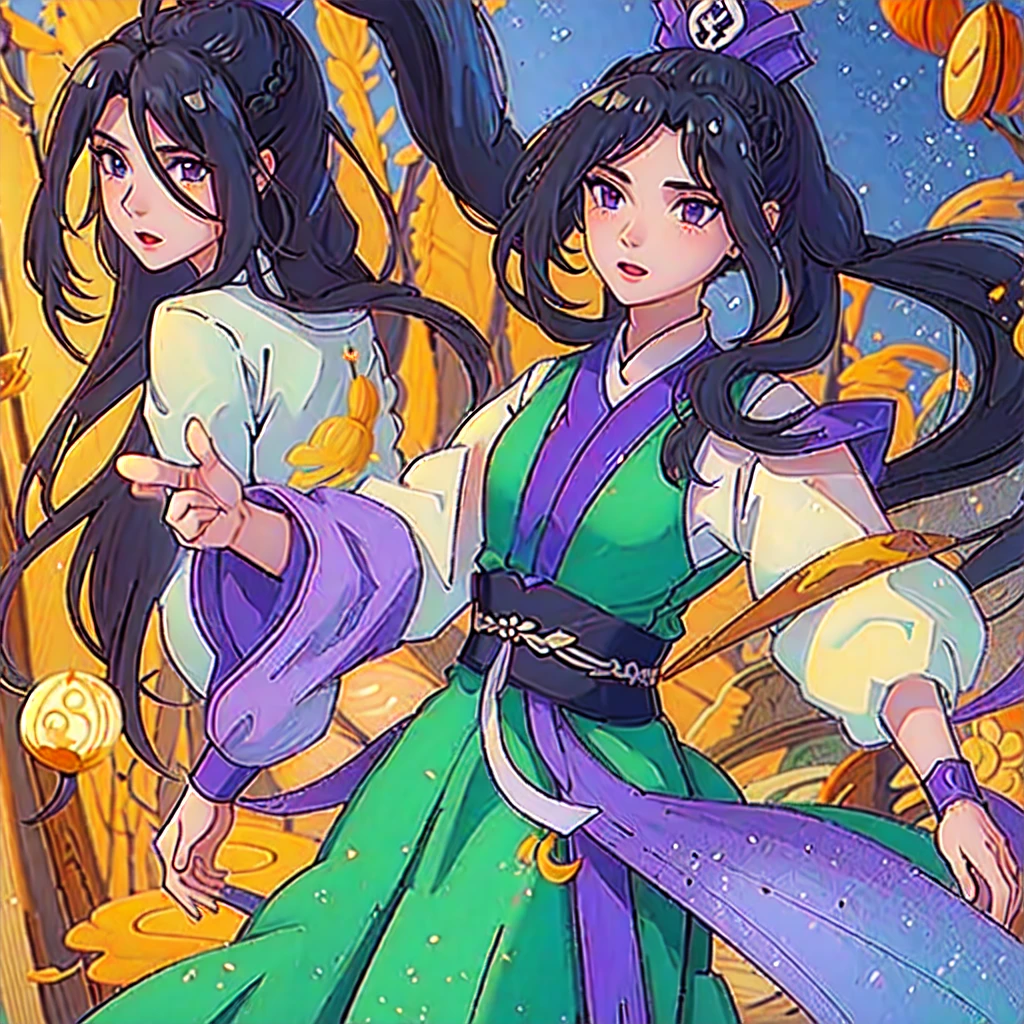 ( Best Quality, ancient china, A girl, long green chinese dress), long hair tied in two tomatoes, black hair, purple eyes, with a white ribbon on her head
