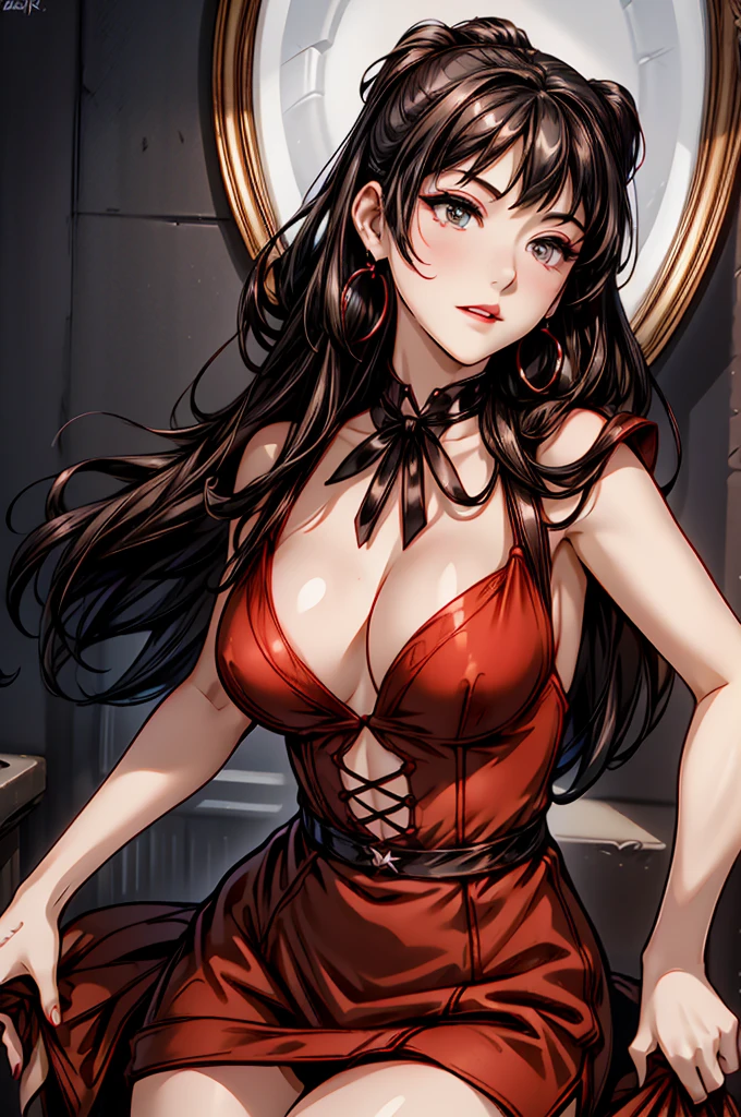 (8K HDR photorealistic pic), Betty Boop, short, althetic, curvy lady, ((tight little red dress)), dark eyebrows, black lipstick, (hoop earrings), dark eyeshadow, black lipstick, curvy, busty, (curly short black hair), shortstack, (retroussé breasts), darling figure, (supple pouting breasts), firm thighs, hourglass figure, kerchief, big brown eyes, dancing seductively