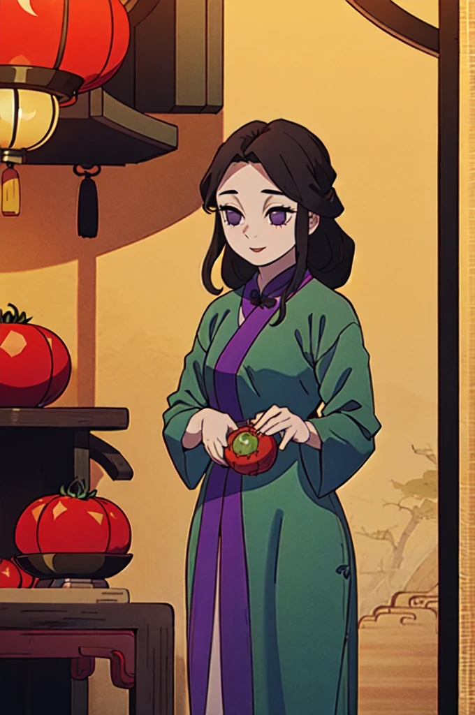 ( Best Quality, ancient china, A girl, opaque green chinese long dress), long hair tied in two tomatoes, black hair, purple eyes
