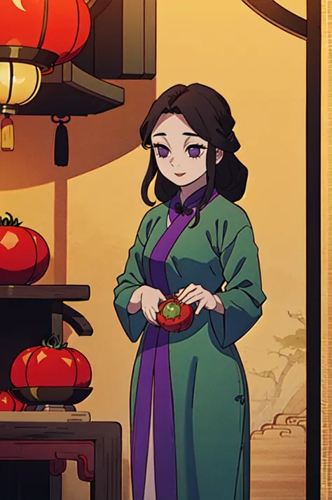 ( Best Quality, ancient china, A girl, opaque green chinese long dress), long hair tied in two tomatoes, black hair, purple eyes...