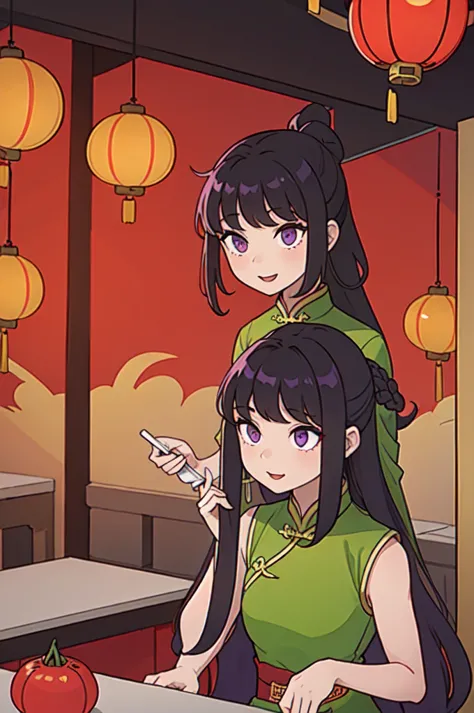 ( Best Quality, ancient china, A girl, long green chinese dress), long hair tied in two tomatoes, black hair, purple eyes
