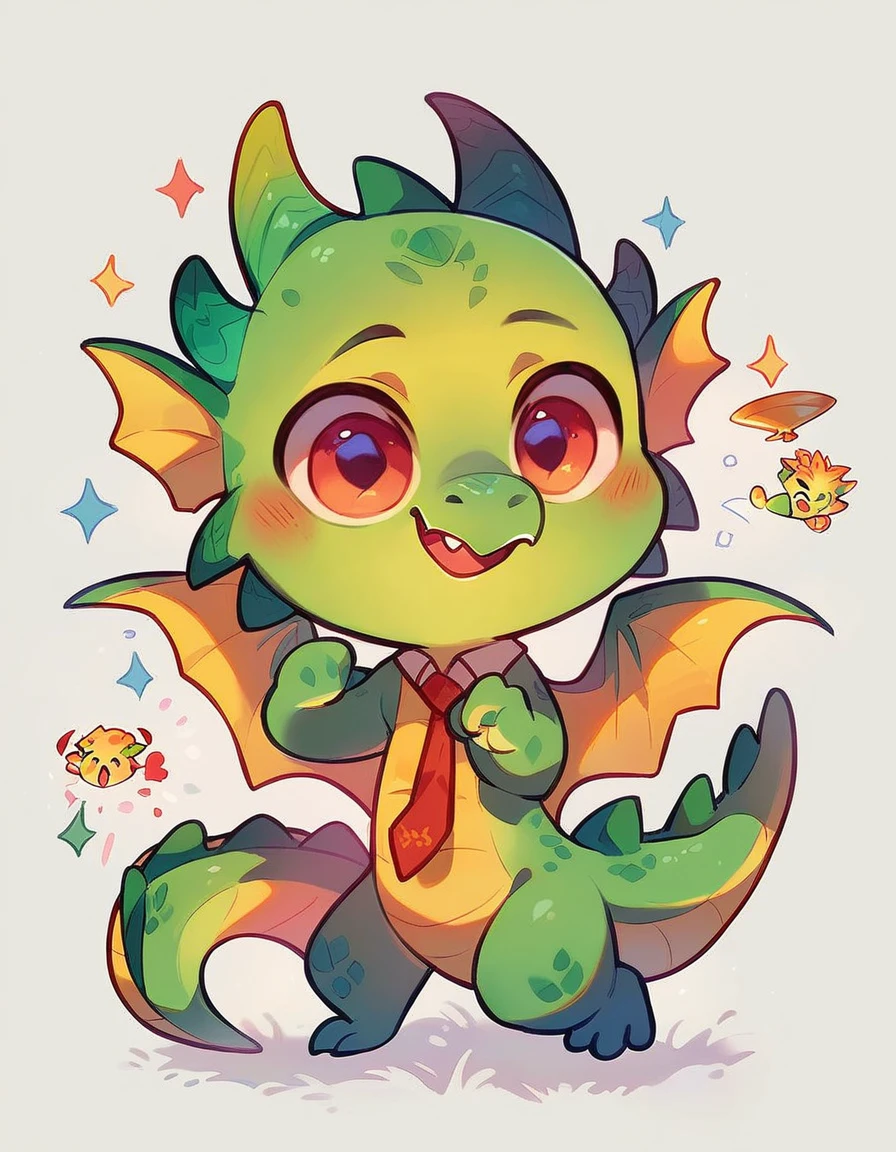  high quality, (dragon), (cute little Dragon), (cartoon:1.3),(((chibi:1.2))),(pixar style:1.2),(cute expression:1.1), ((((red with yellowish colors)))), he wears a gold tie, (((applause pose))), white background, full body, very cute