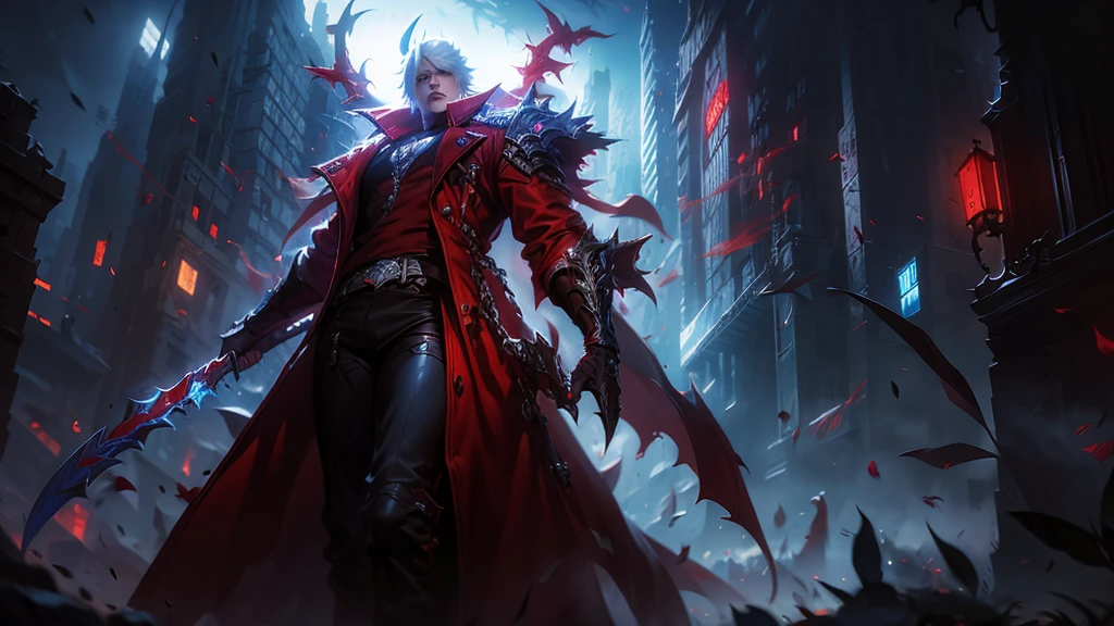 Fondo de pantalla del juego Devil May Cry, estilo conceptual ilustrado, Vistoso, muy detallado, colores vívidos, iluminación cinematográfica. con los personajes Dante y Nerón, 8K