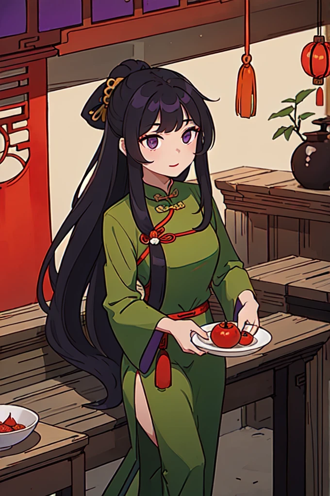 ( Best Quality, ancient china, A girl, opaque green chinese long dress), long hair tied in two tomatoes, black hair, purple eyes
