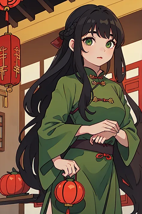 ( Best Quality, ancient china, A girl, opaque green chinese long dress), long hair tied in two tomatoes, black hair, green eyes
