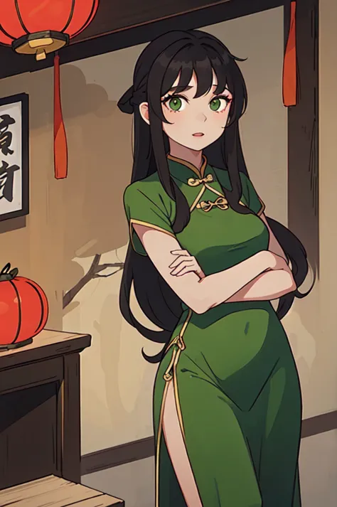 ( Best Quality, ancient china, A girl, opaque green chinese long dress), long hair tied in two tomatoes, black hair, green eyes
