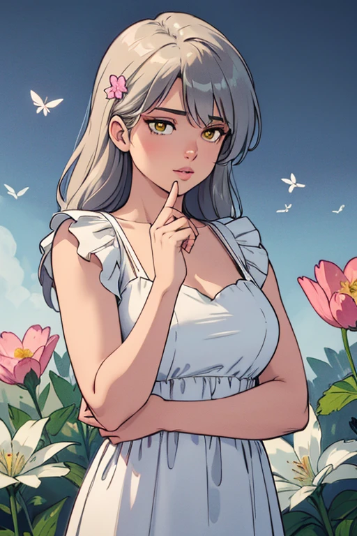 detailed, realism, 4K, 15-year-old girl, 顔のdetailed, Big yellow eyes, Fuller lips, nose pointed upwards, Grey hair with pink strands, Wearing a white dress, Rabbit in hand, Background Flowers, white butterfly in the foreground, Realistic shooting, Depth of written boundary, Soft front light, Shine, High resolution (Calm colors: 1.2), Canon RF 100mm F2.8L Macro ISUSM