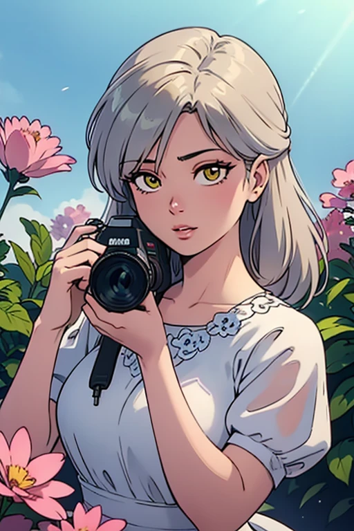 detailed, realism, 4K, 15-year-old girl, 顔のdetailed, Big yellow eyes, Fuller lips, nose pointed upwards, Grey hair with pink strands, Wearing a white dress, Rabbit in hand, Background Flowers, white butterfly in the foreground, Realistic shooting, Depth of written boundary, Soft front light, Shine, High resolution (Calm colors: 1.2), Canon RF 100mm F2.8L Macro ISUSM