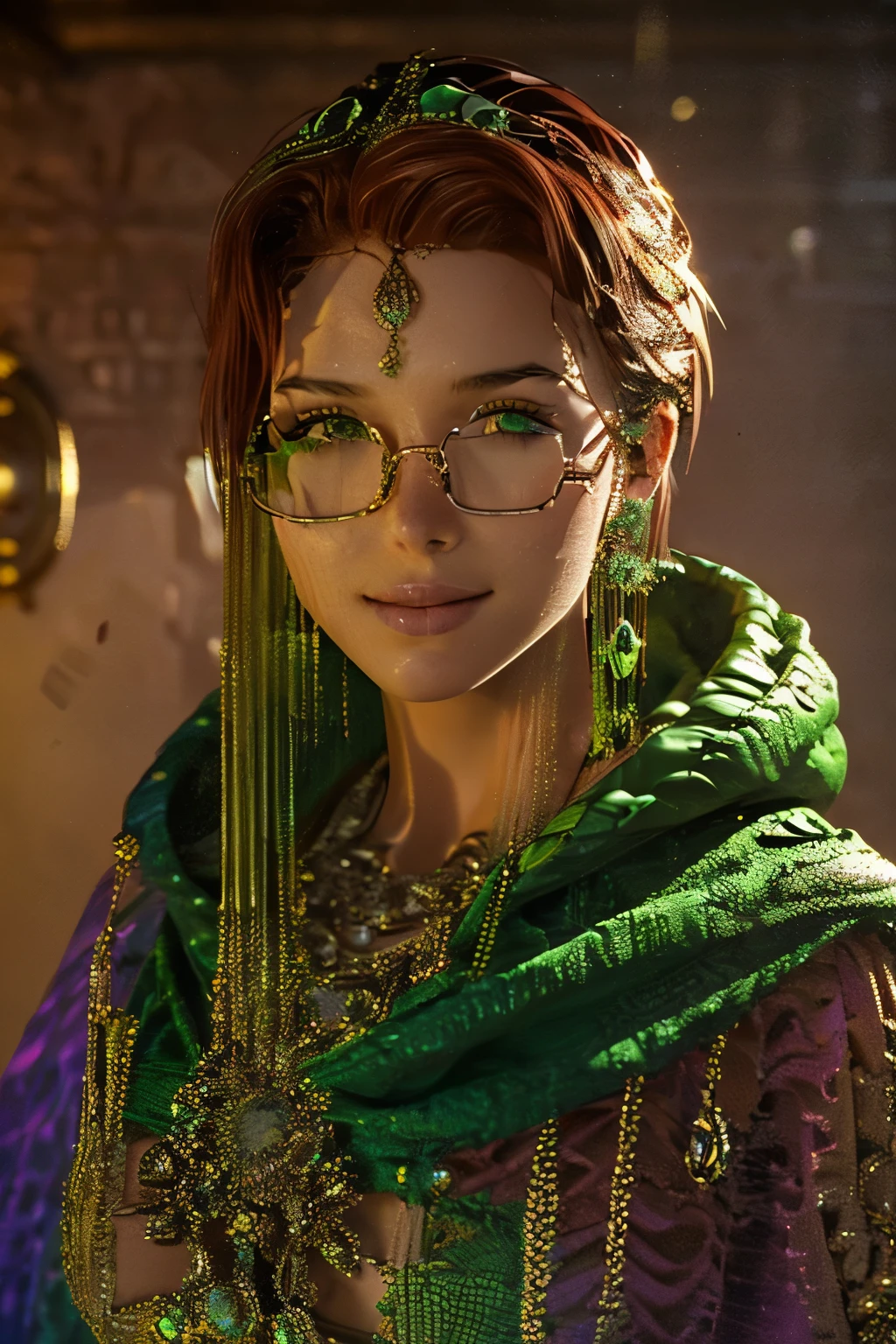 Short, Red hair, green eyes, green hood on head, green cloak, smile, girl 15 years old, assassin, metal frame glasses. ((elegance. gradient. photorealism. Unreal engine. 3D model. Ultra high quality textures. high detail. permission 8k))