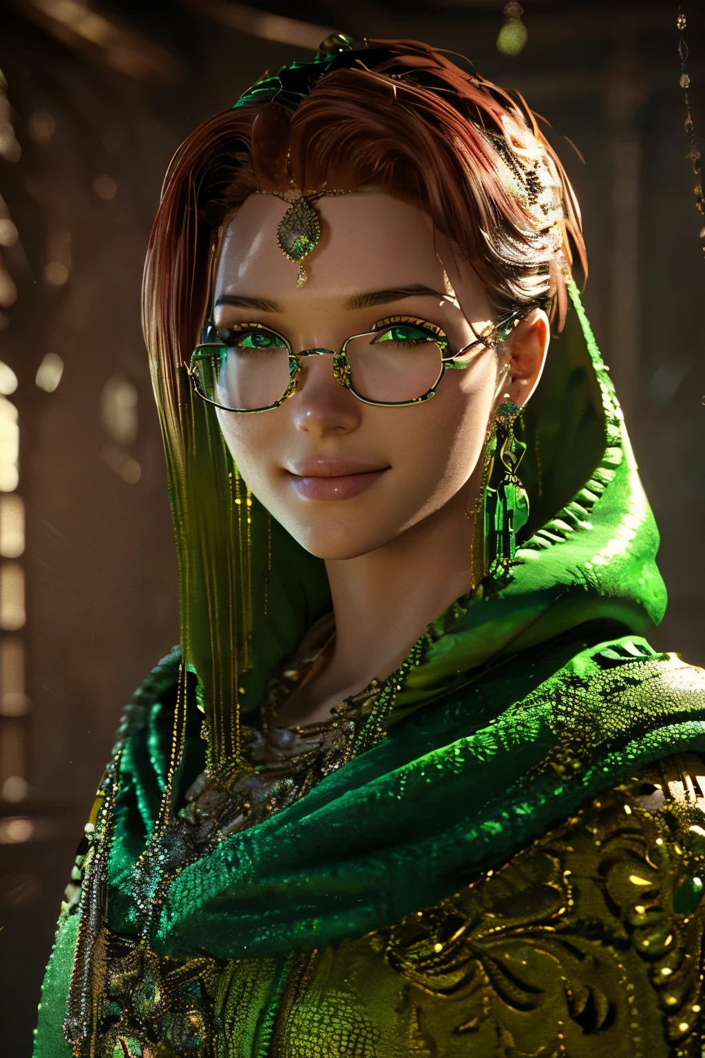 Short, Red hair, green eyes, green hood on head, green cloak, smile, girl 15 years old, assassin, metal frame glasses. ((elegance. gradient. photorealism. Unreal engine. 3D model. Ultra high quality textures. high detail. permission 8k))