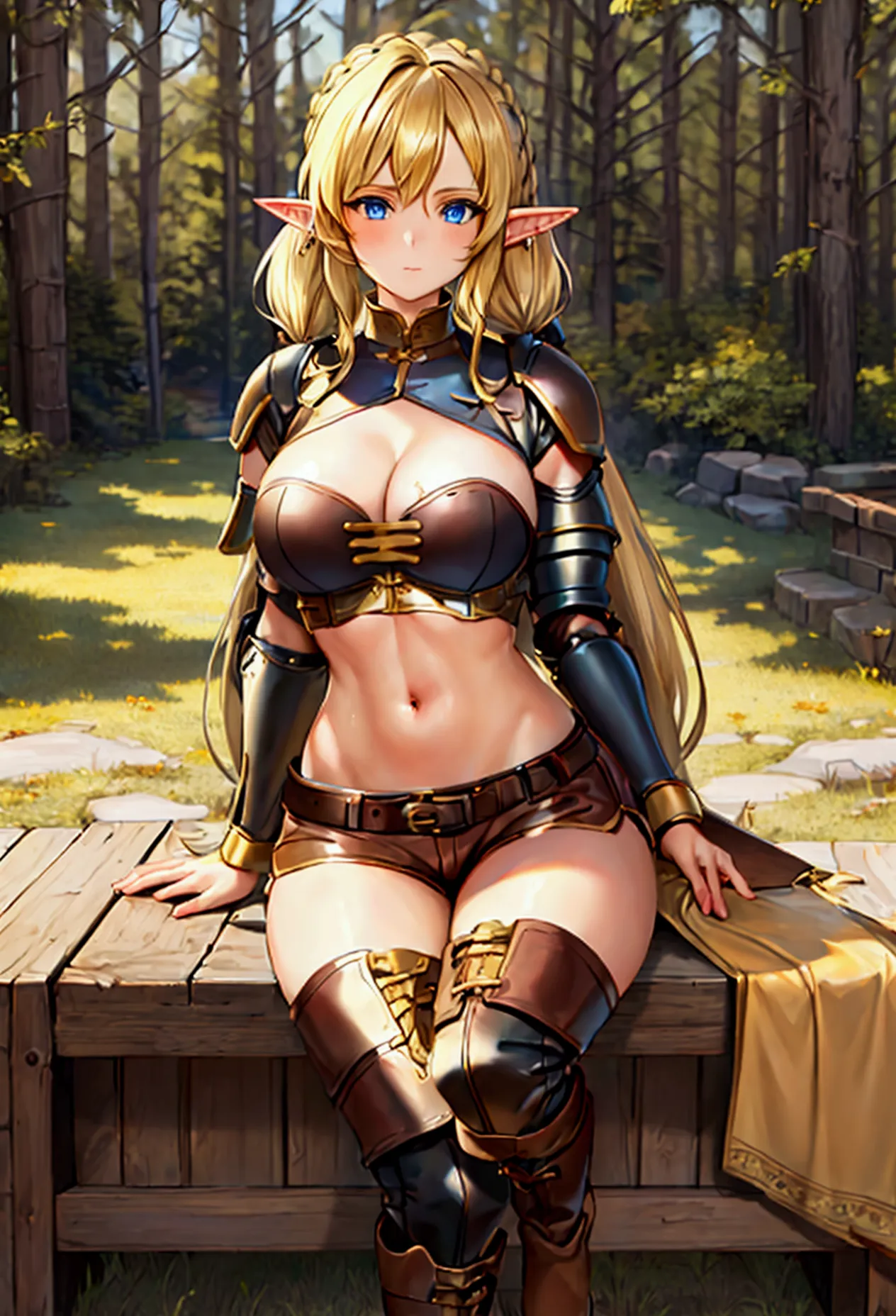 (masterpiece)(best quality)1 female character, has blonde hair, has blue eyes, has elf ears, has a hairstyle with two pigtails, ...