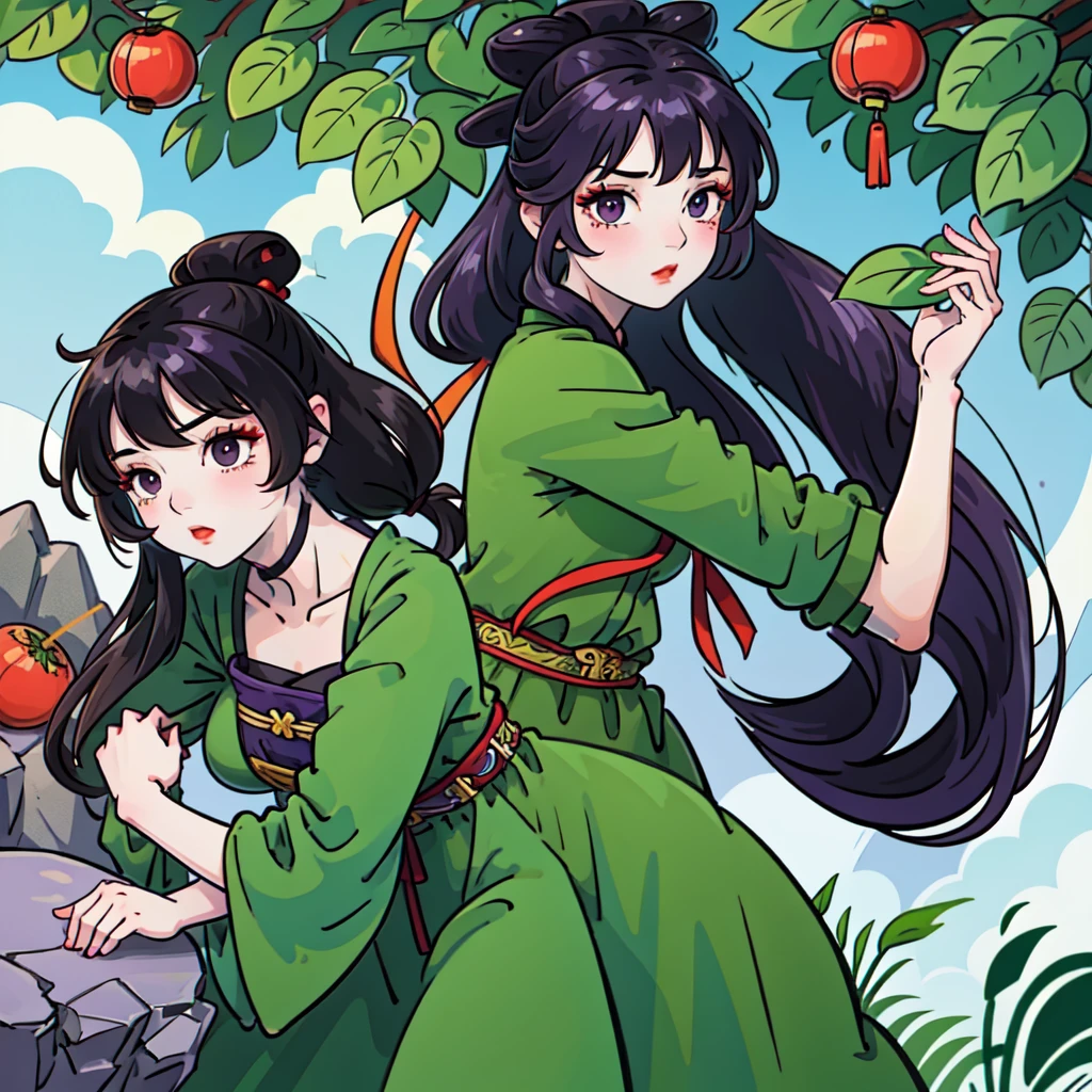 ( Best Quality, ancient china, A girl, opaque green chinese long dress), long hair tied in two tomatoes, black hair, purple eyes
