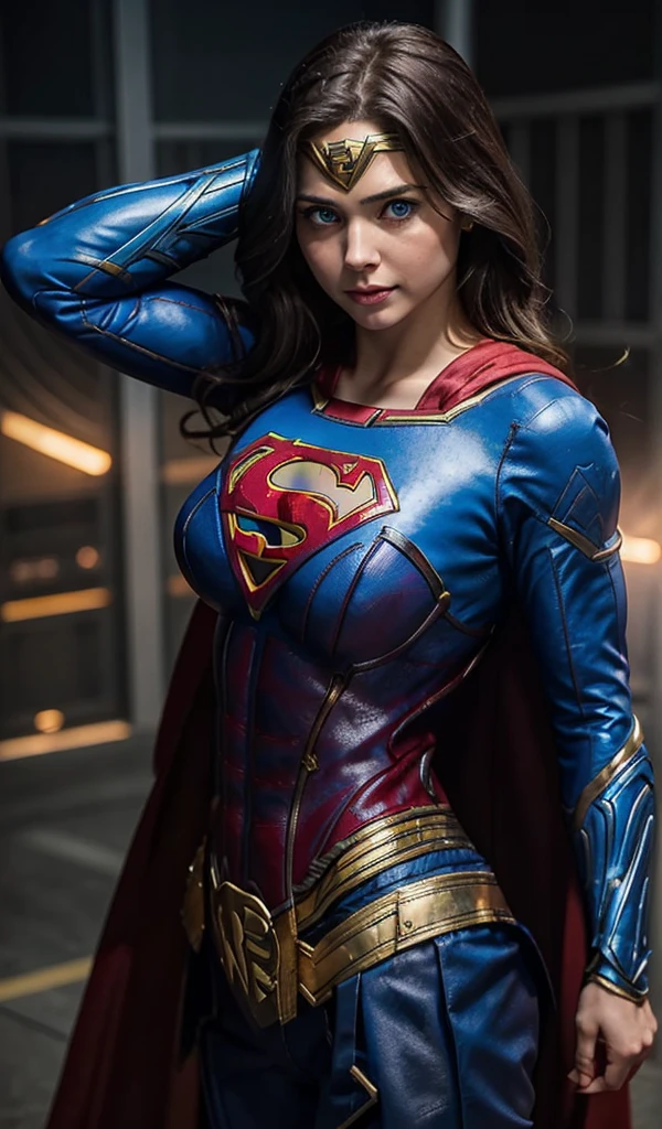 Le personnage Wonder Woman, costume parfait, et le personnage Supergirl, costume parfait, voler ensemble dans le ciel, Anatomie parfaite, beaux yeux bleus 