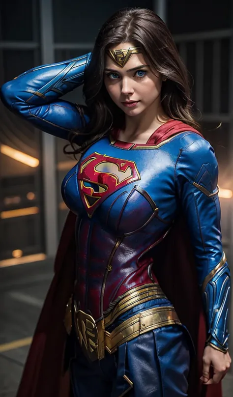 The character Wonder Woman, perfect costume, and the character Supergirl, perfect costume, flying togheter in the sky, perfect a...
