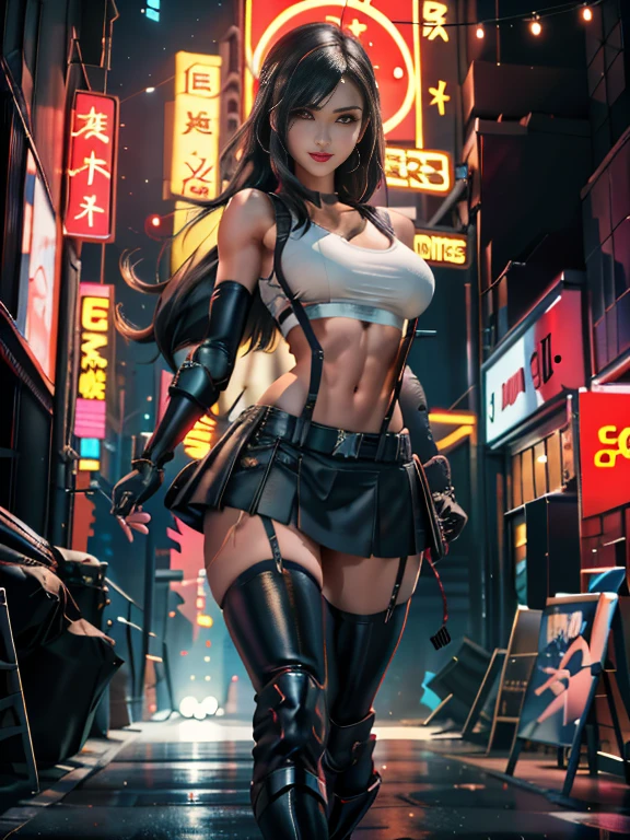 (8k, best qualityer, work of art:1.2), (realisitic, photo-realisitic), ultra detali, 1 girl,cute, standing alone, (tifa lockhart), (Breasts huge), (ssmile:1.2), (cloused mouth), erotic pose, posando, neon lights, urban landscape, Depth of field, Depth of field, good composition, Final Fantasy VII, ankle boots, Bblack hair, black thicc thighs, rot boots, elbow gloves, elbow pads, gloves fingerless, stretch shirt, sports well, (suspenders attached to the skirt), thicc thighs, (white top), whole body, pretty long hair, ((rot_eyeballs)), yellow flowers, (natta), bokeh, cinematic lighting, ((nsfw)), perfect shaped breasts, Sakimichan style