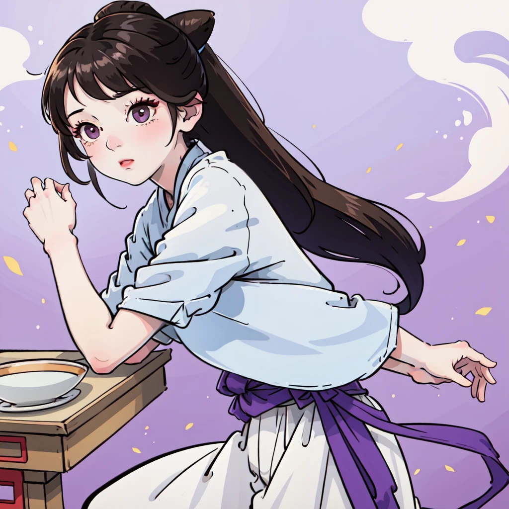 ( Best Quality, ancient china, A girl, long white Chinese dress with pastel light blue edges), long hair tied in a ponytail, Brown hair, pastel purple eyes, short sleeves
