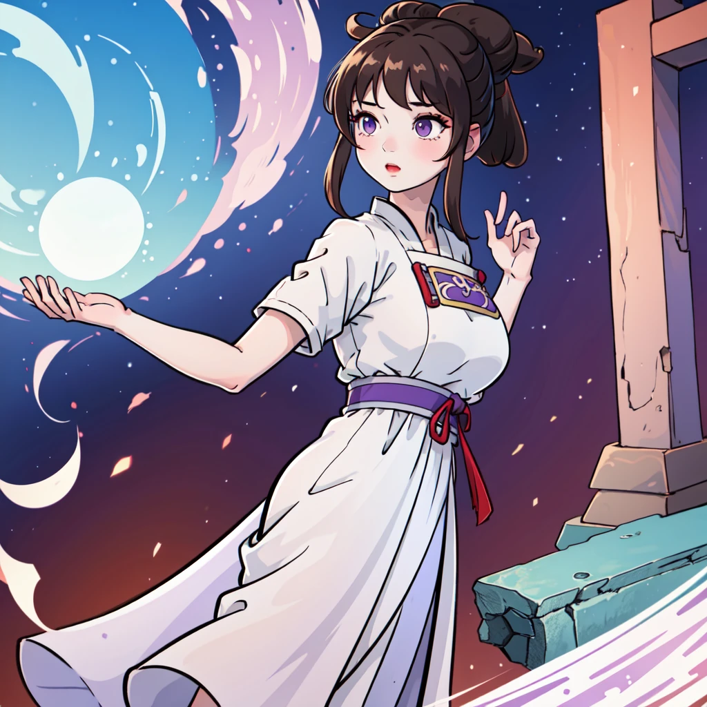 ( Best Quality, ancient china, A girl, long white Chinese dress with pastel light blue edges), long hair tied in a ponytail, Brown hair, pastel purple eyes, short sleeves
