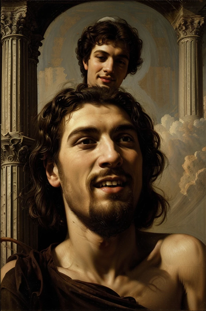 1 cara, Grego angelical bom. magrelo, Cara alto, cabelo longo, sorridente, teeth sorridente, ângulo baixo, celeste, pilares, corpo todo, vista de baixo, pintura antiga style, pintura antiga, Estilo Caravaggio, corpo todo