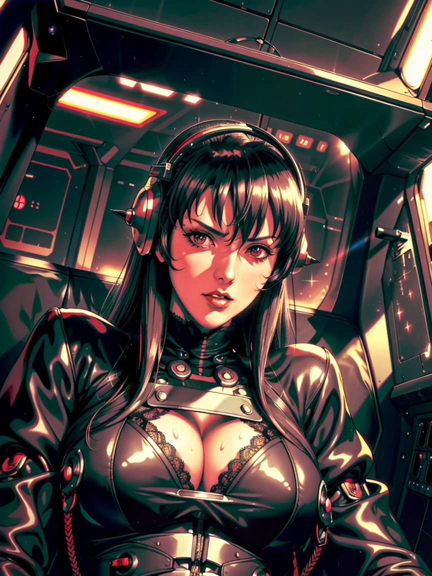 ((gothic vampire piloting in gothic spacecraft)), (((retro anime))), ((from below)), ((100 fov)), ((((gothic)) control panels)), (((mature))), (((gothic))), iridescent bodysuit, (((lace accessories))), ((pilot seat)), ((((lying back)) pose)), (((elegant))), (((serious tone))), ((cockpit top control panel)), intricate control panel details, (close-up), 1990s (style), masterpiece, ((claustrophobic)), best quality, screens, ((pilot helmet)), night, (colorful cockpit lights), sparkles, (dramatic lighting), sweat, wet, [blushing],  [[[pointy ears]]],