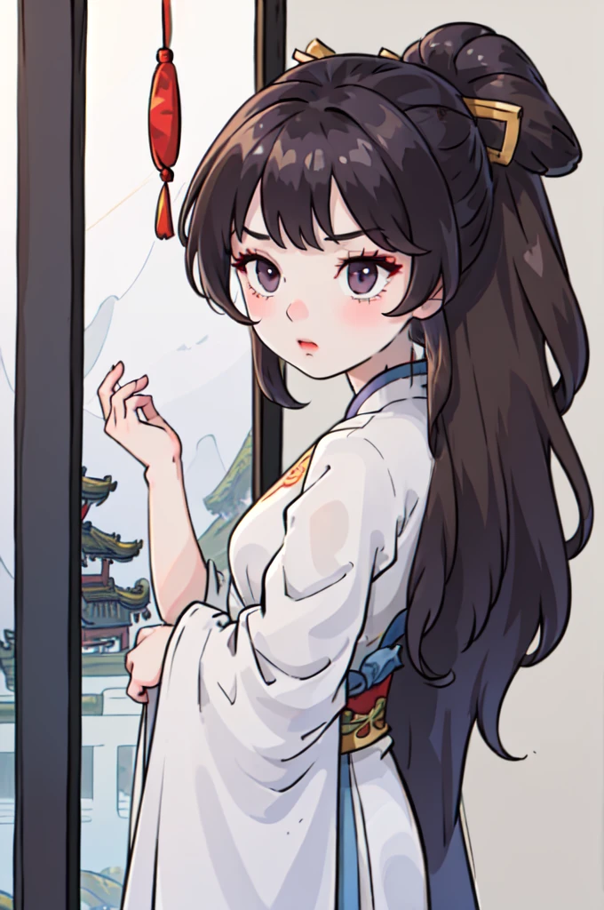 ( Best Quality, ancient china, A girl, long white chinese dress with light blue), long hair tied in a ponytail, Brown hair, purple eyes