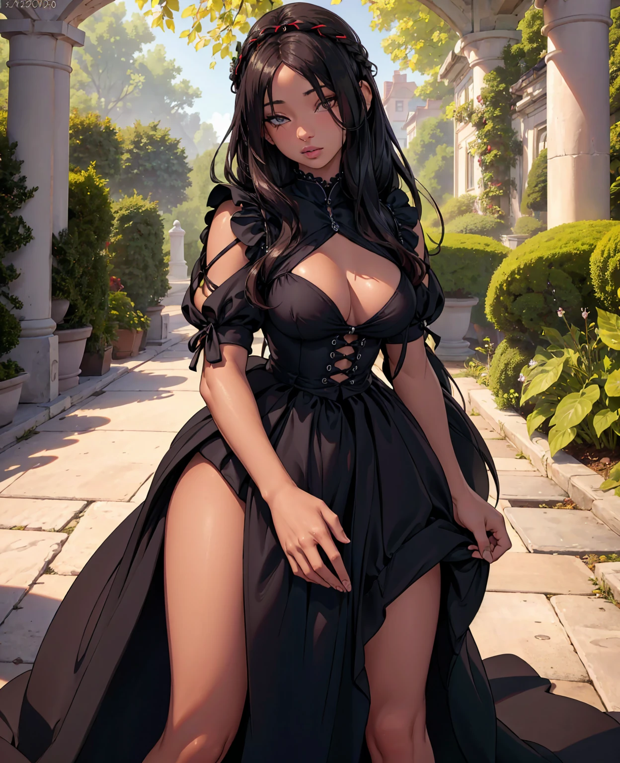 a beautiful girl with long dark hair wearing a maid outfit, extremely detailed eyes and face, longeyelashes, beautiful detailed lips, detailed intricate dress, standing in a lush garden with willow trees, sunlight filtering through the leaves, warm color palette, cinematic lighting, (best quality,4k,8k,highres,masterpiece:1.2),ultra-detailed,(realistic,photorealistic,photo-realistic:1.37)