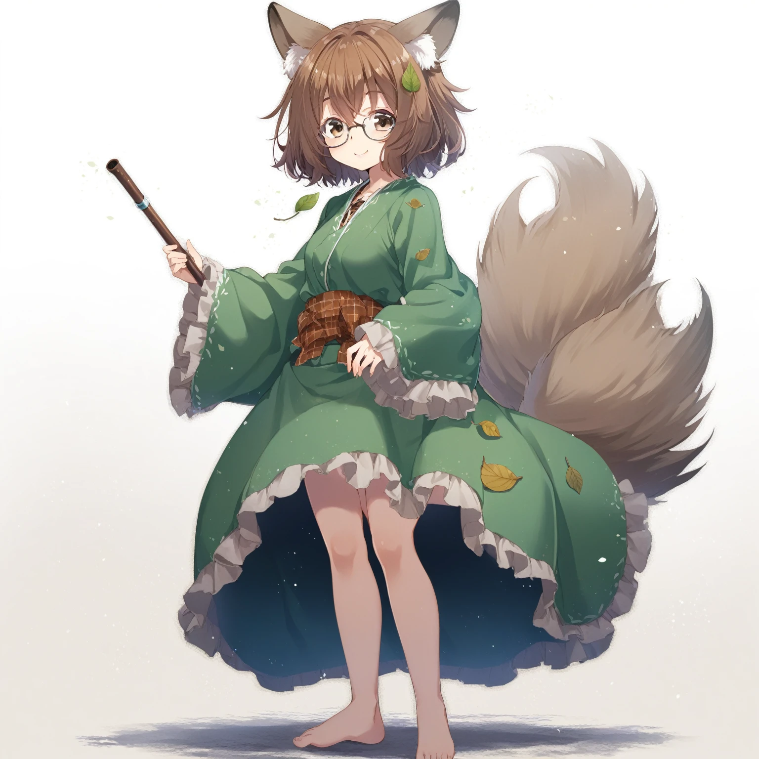 1girl, animal ears, barefoot, branch, breasts, brown eyes, brown hair, feet, futatsuiwa mamizou, glasses, grass, kiseru, leaf, leaf on head, long sleeves, looking at viewer, pince-nez, pipe, plant, raccoon ears, raccoon tail, short hair, sitting, skirt, smile, solo, tail, tree, tree stump, smile,
