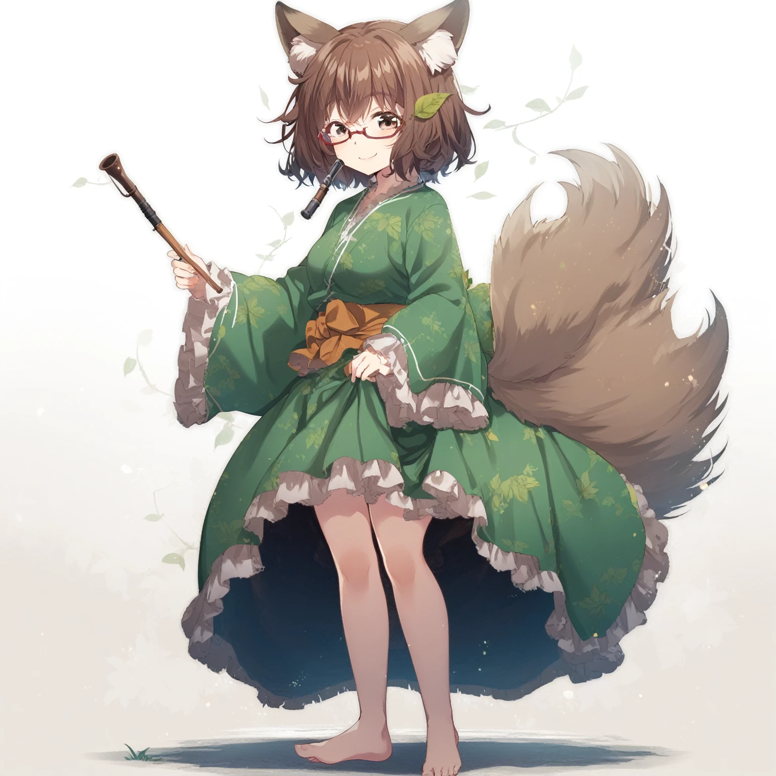 1girl, animal ears, barefoot, branch, breasts, brown eyes, brown hair, feet, futatsuiwa mamizou, glasses, grass, kiseru, leaf, leaf on head, long sleeves, looking at viewer, pince-nez, pipe, plant, raccoon ears, raccoon tail, short hair, sitting, skirt, smile, solo, tail, tree, tree stump, smile,
