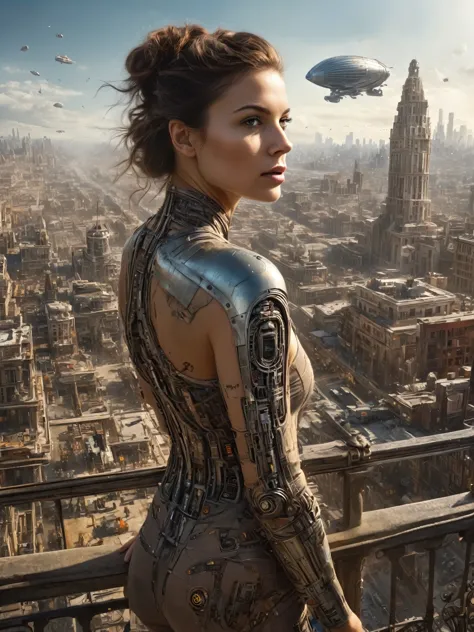 1girl, solo focus, looking back, balcony, city street, insanely detailed and intricate scifi cityscape, circuits, airship, photo...