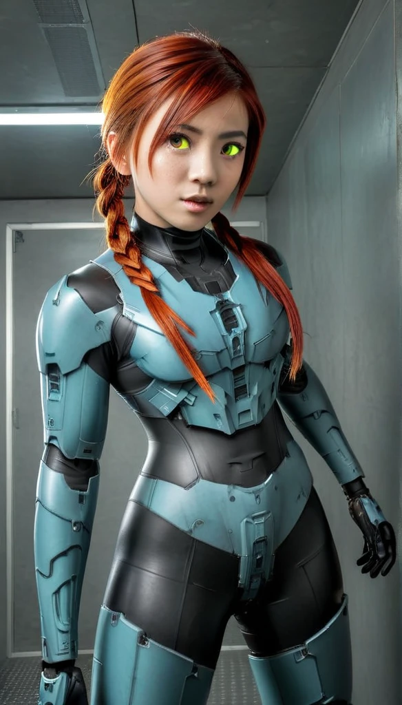 1 Girl、((glowing eyes, red eyes)), Medium Bust、solo、red Hair、Braid、Mobile Race Suit、Shoulder Armor、ceiling、Wide Shot、Looking Ahead、zipup suit 、Closed Mouth、Highest quality、medium quality、22 years old、Mobile Trace System、cockpit、Asian、CyborgCosplay

