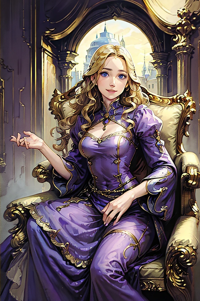 35 year old woman, with defined facial features, shy smile, clear skin, long curly hair, pale gold color, blue eyes, wearing a medieval purple nobility dress, sitting in a brown armchair, with hands in lap (detailed hands) classic painting