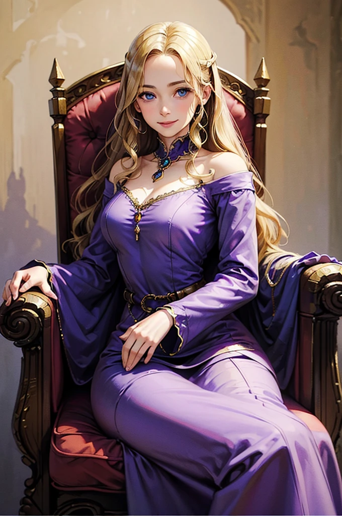 35 year old woman, with defined facial features, shy smile, clear skin, long curly hair, pale gold color, blue eyes, wearing a medieval purple nobility dress, sitting in a brown armchair, with hands in lap (detailed hands) classic painting