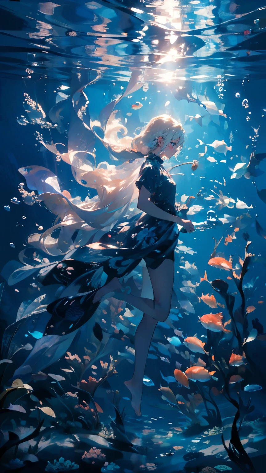 (masterpiece)、(Highest quality)、Very detailed、Perfect Face、(Solo full body shot:1.3)、(Underwater:1.4)、Ocean、Coral Reef、Light、bubble、jellyfish、Oceanの藻、(深Ocean:1.4)、Fantasy、Ocean底、Floating objects、Blonde、Long Hair、Swinging Hair