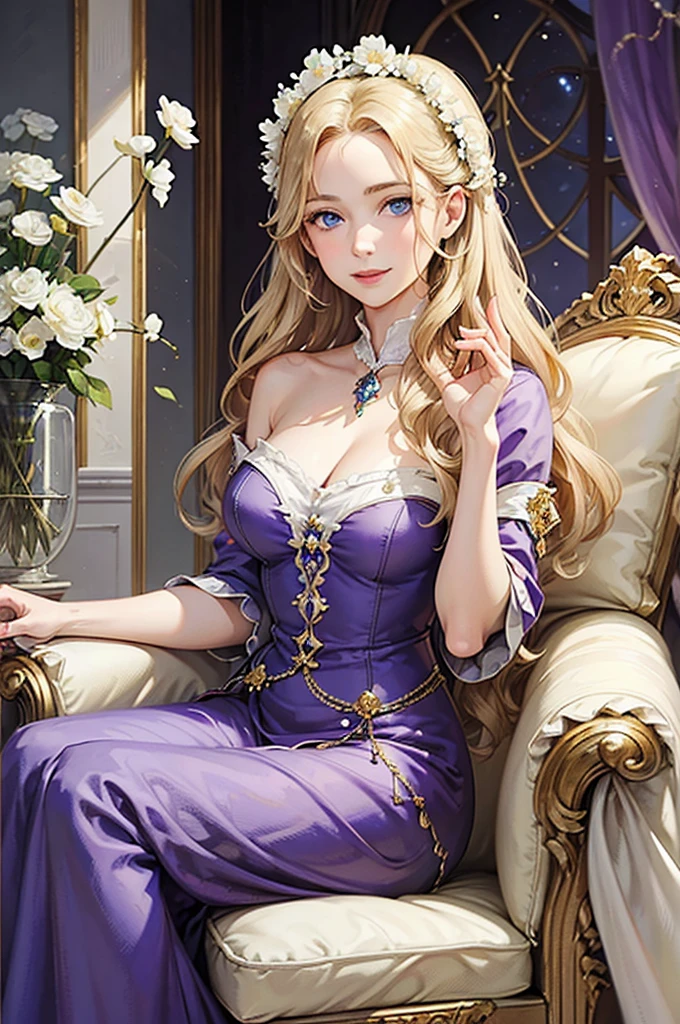 35 year old woman, with defined facial features, shy smile, clear skin, long curly hair, pale gold color, blue eyes, wearing a medieval purple nobility dress, sitting in a brown armchair, with hands in lap (detailed hands) classic painting, large window in the background, flowery balcony, White flowers