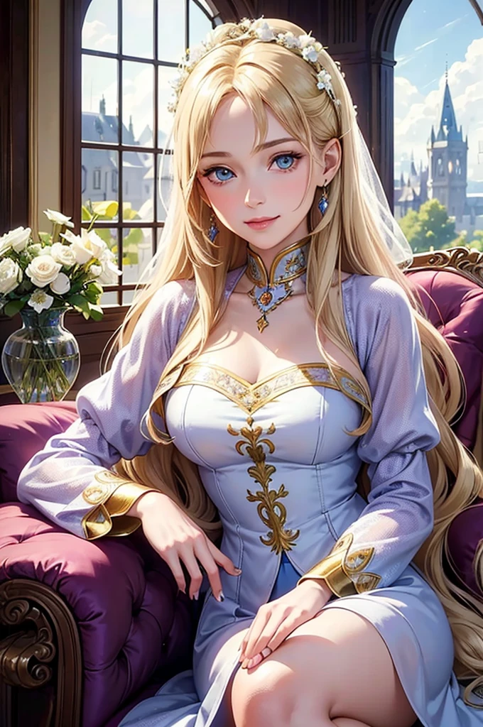 35 year old woman, with defined facial features, shy smile, clear skin, long curly hair, pale gold color, blue eyes, wearing a medieval purple nobility dress, sitting in a brown armchair, with hands in lap (detailed hands) classic painting, large window in the background, flowery balcony, White flowers