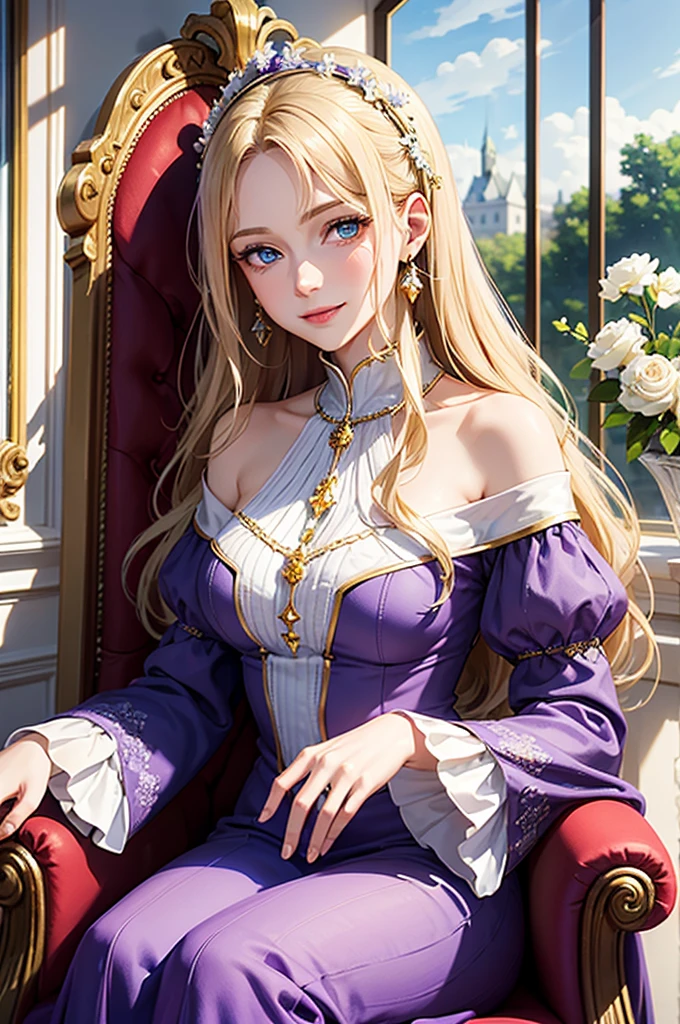 35 year old woman, with defined facial features, shy smile, clear skin, long curly hair, pale gold color, blue eyes, wearing a medieval purple nobility dress, sitting in a brown armchair, with hands in lap (detailed hands) classic painting, large window in the background, flowery balcony, White flowers