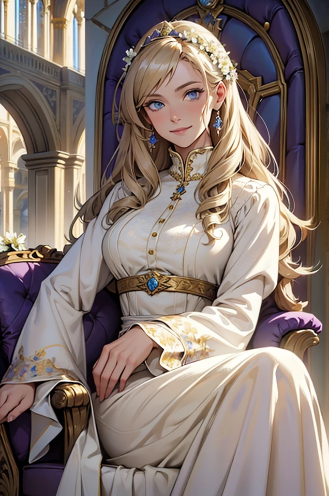 35 year old woman, with defined facial features, shy smile, clear skin, long curly hair, pale gold color, blue eyes, wearing a medieval purple nobility dress, sitting in a brown armchair, with hands in lap (detailed hands) classic painting, large window in the background, flowery balcony, White flowers